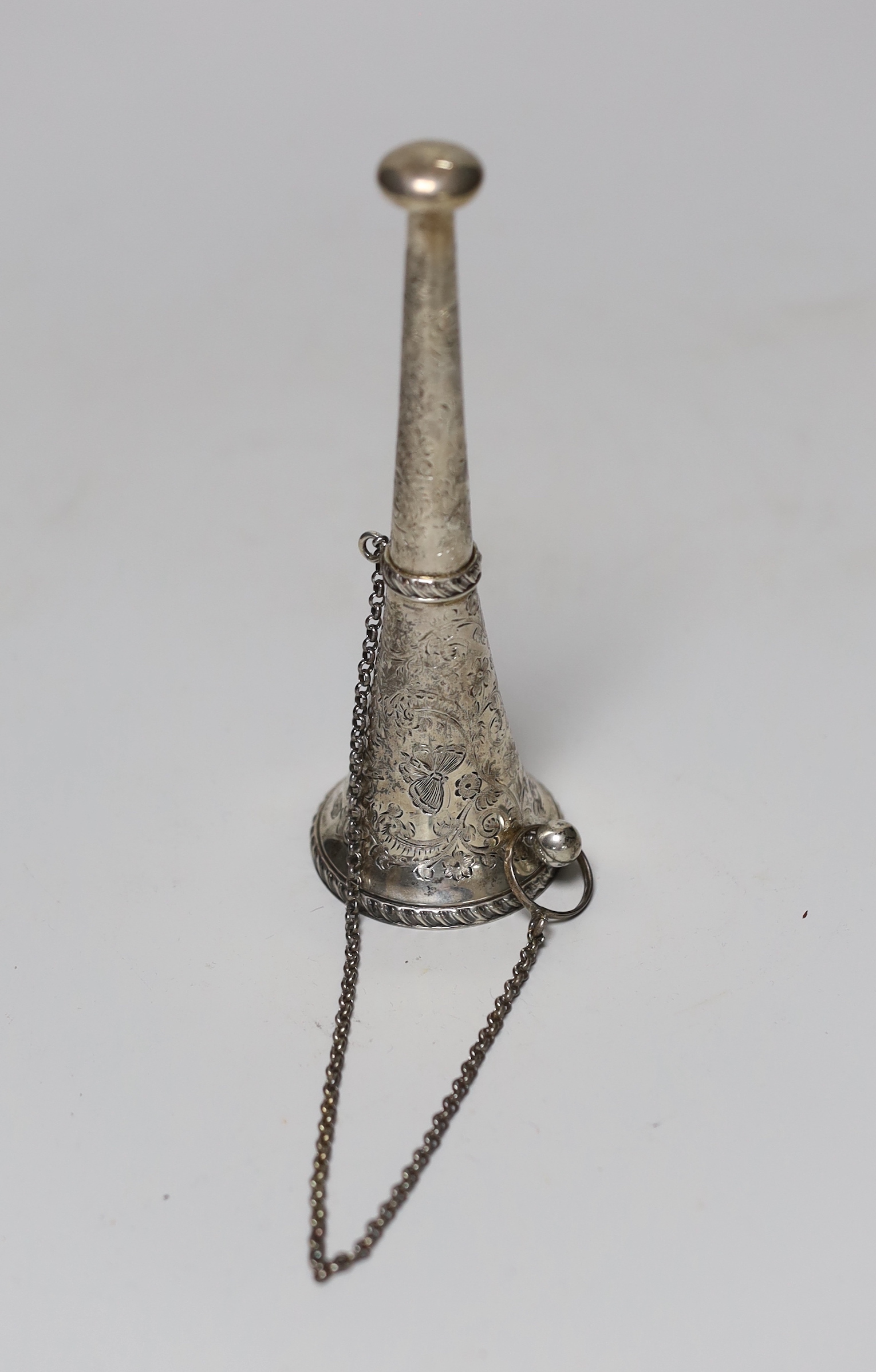 A late Victorian chased silver posy holder, by George Unite, Birmingham, 1899, with later engraved inscription, 14.1cm.